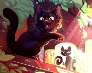 Черный радостный кот