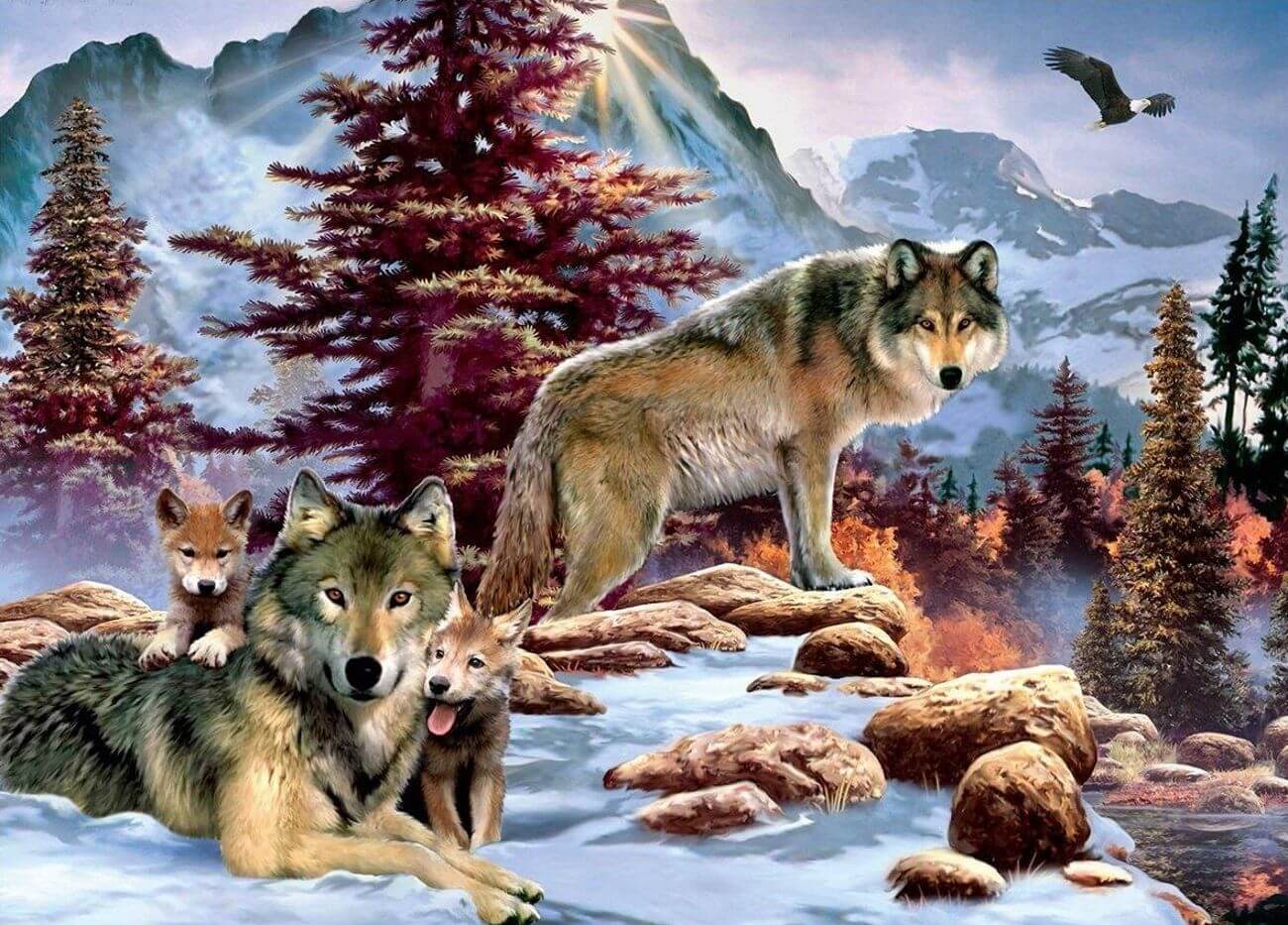 Картина по номерам New World «Семья волков в зимнем лесу»