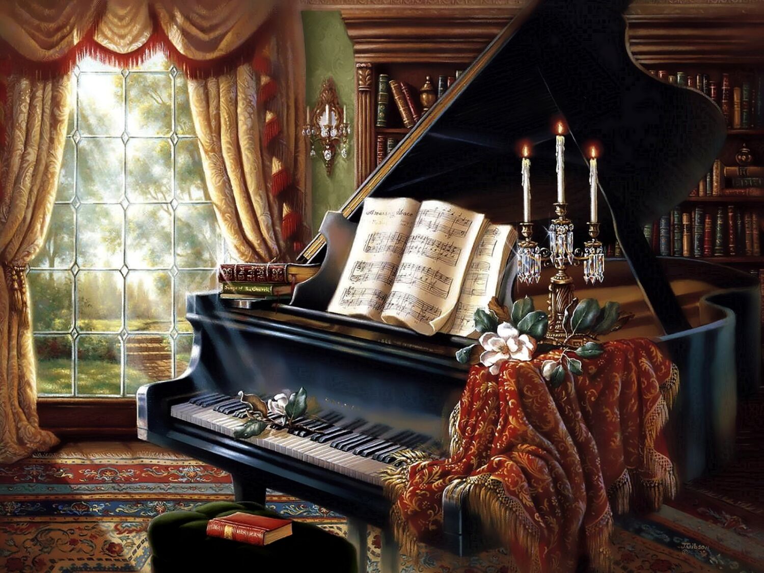 Красивый вечер музыкальный. Художник Джуди Гибсон. Джуди Гибсон. Рояль картина художника. Музыкальная гостиная. Фортепиано.