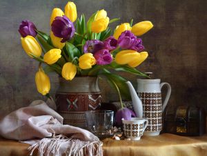 Тюльпаны желтые и фиолетовые