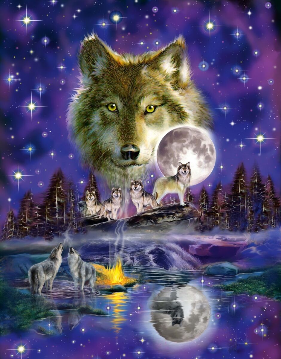 Пазлы волк с луной