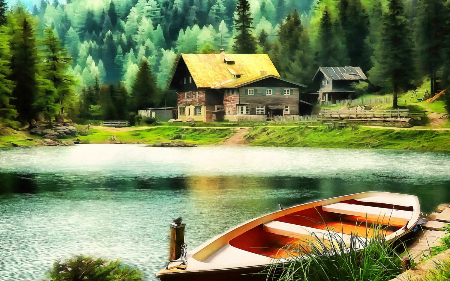 Лодка и дом у леса