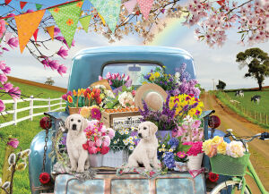 Поездка щенков с цветами