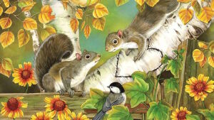 Два бельчонка и птичка