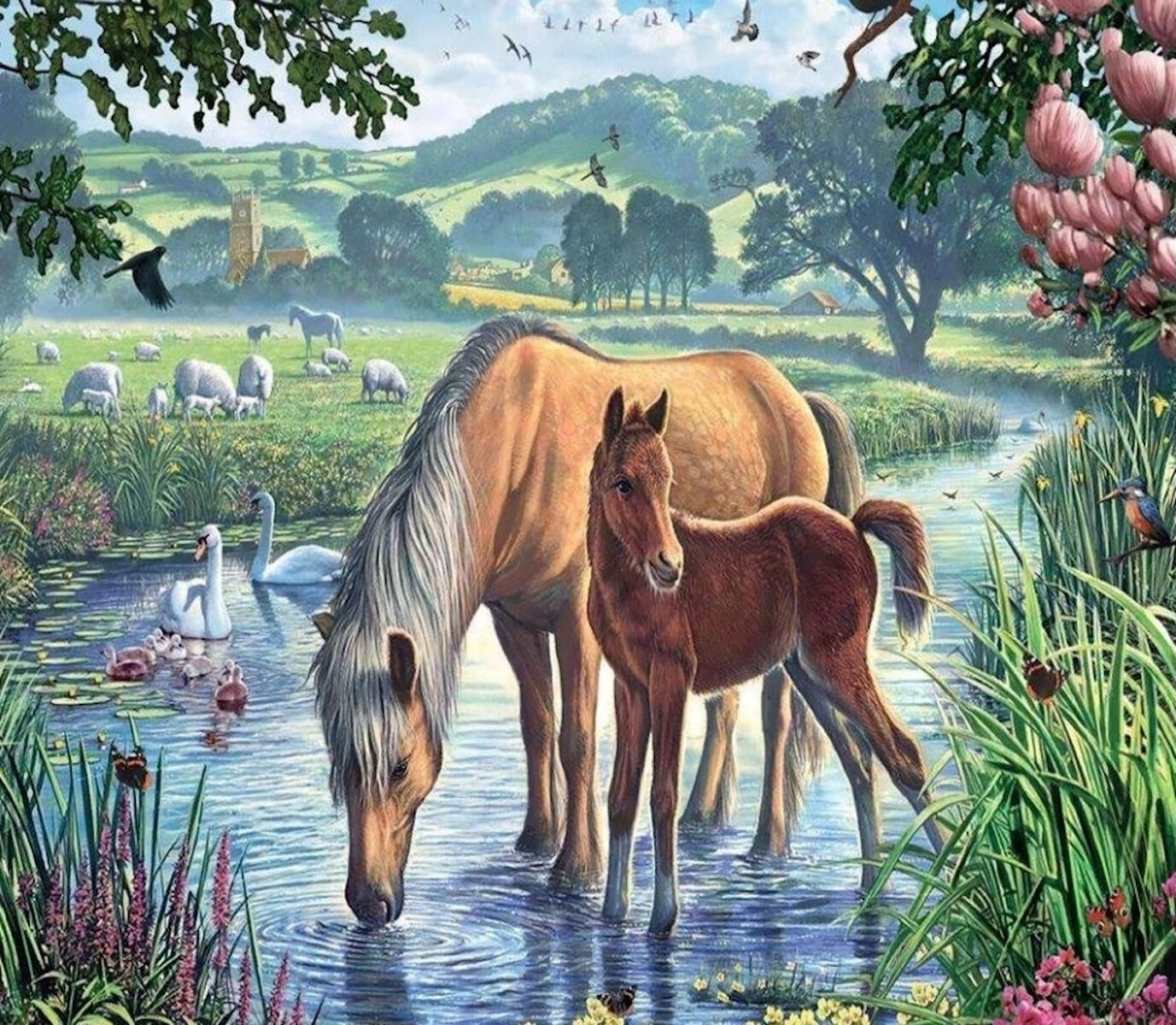 Лошадь и жеребенок на пруду