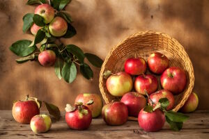 Натюрморт с яблоками в корзине