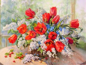 Тюльпаны с черёмухой