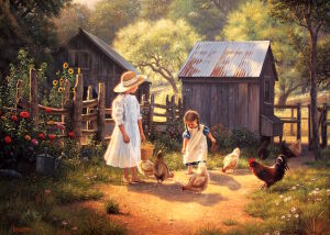 Дети кормят кур