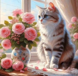 Кошка и букет роз