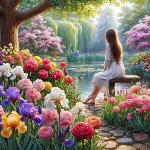 Девушка у озера и цветы