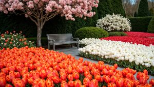 Тюльпаны, сакура, скамейка, сад