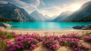 Цветы на песчаном берегу, горы