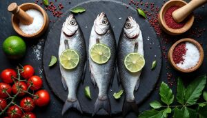 Три рыбки, лайм, томаты, специи