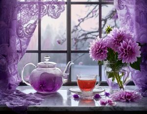 Чайник, георгины, окно