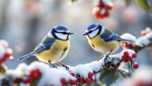 Две синицы на ветке рябины