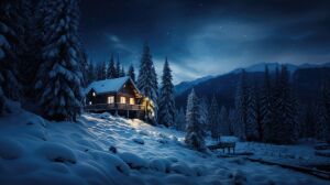 Дом на склоне, ночь, свет в окнах