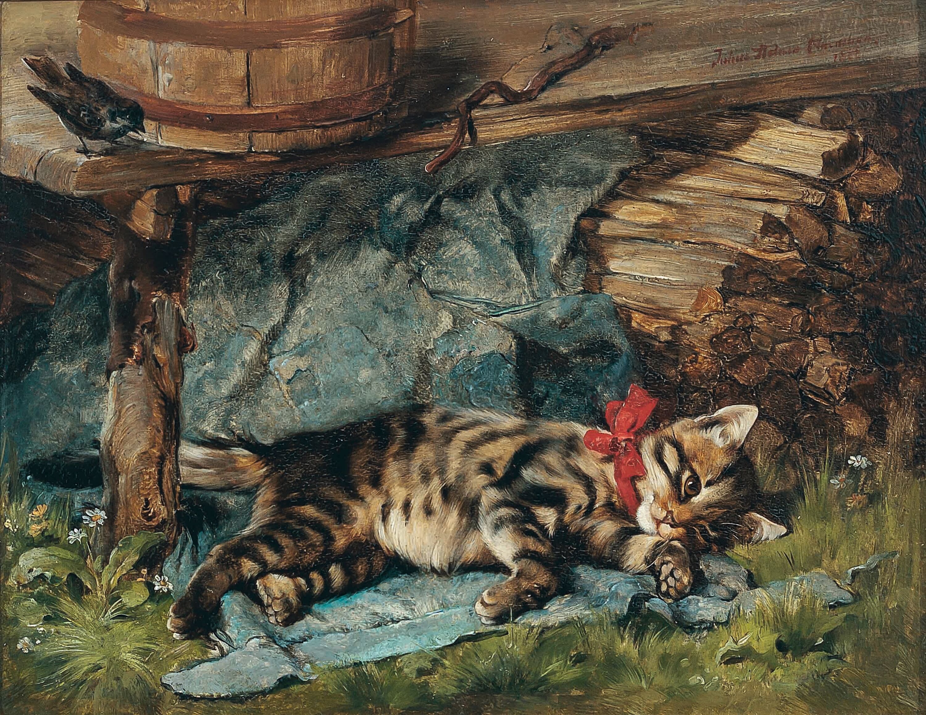 Маленькая кошка с красным бантом - Юлиус Адам