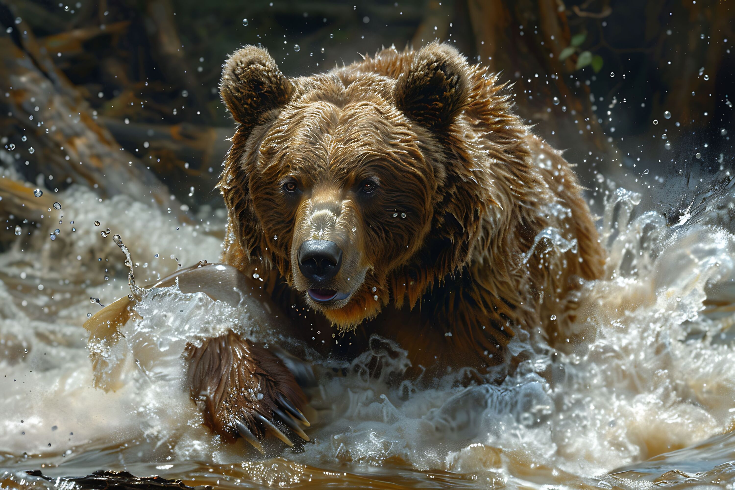 Медведь гризли в воде с брызгами