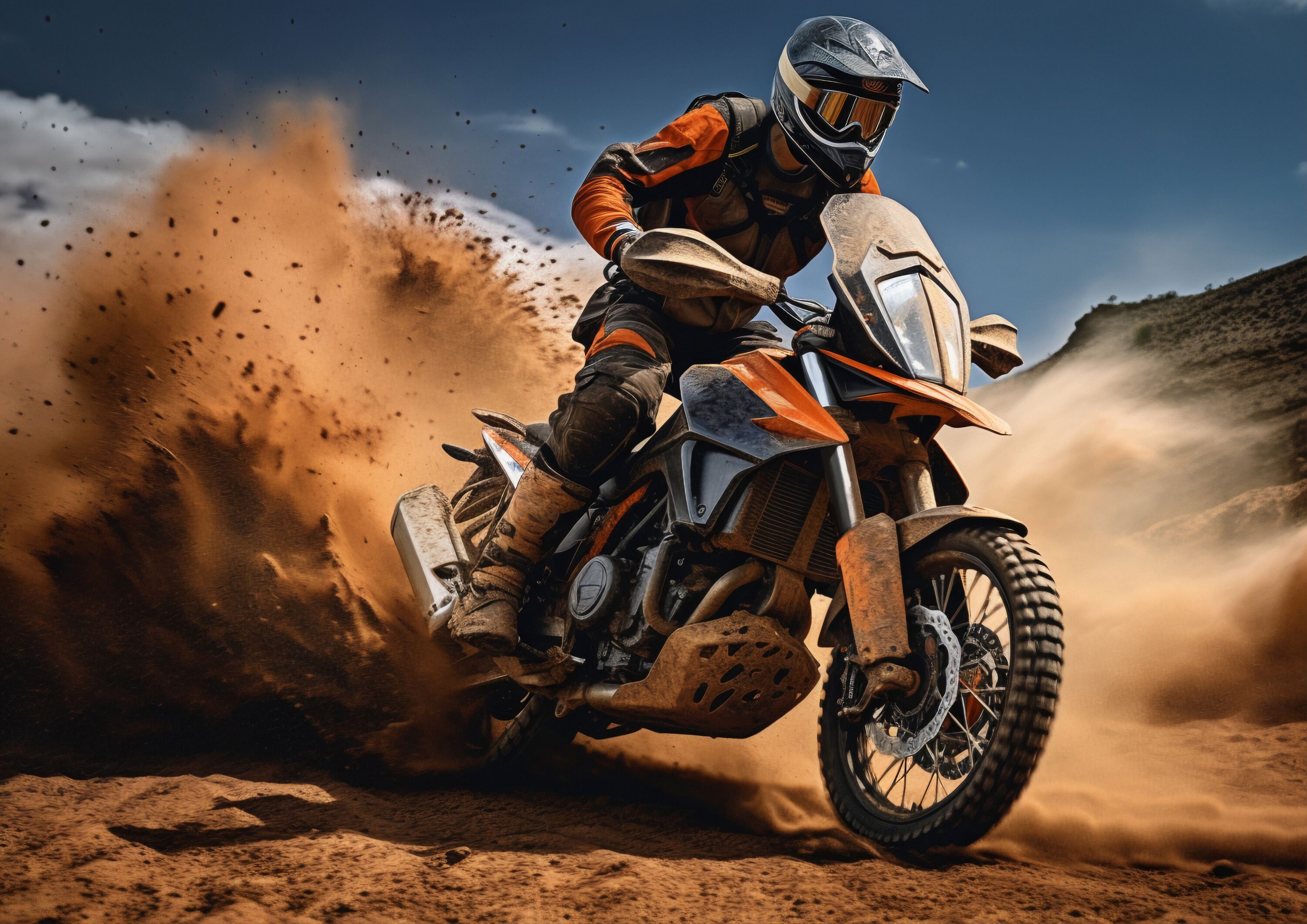 Человек едет на мотоцикле KTM 1290 Super Adventure R по песчаной местности