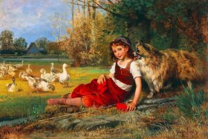 Молодая девушка отдыхает с гусями - Антон Генрих Диффенбах