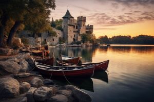 Замок, лодки, вода, вечер