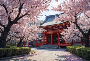 Японский дом, сакура, весна