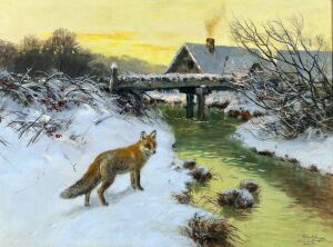 Лиса возле плотины зимой - Йозеф Шмитцбергер