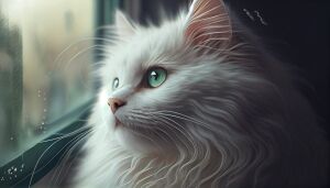 Белый кот с зелеными глазами, смотрящий в окно