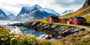 Красные домики на фоне фьорда на Лофотенских островах в Норвегии