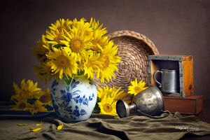 Подсолнухи, ваза, посуда