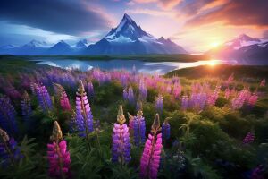 Люпины, гора, вода, рассвет