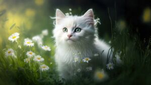 Белый котёнок в ромашках