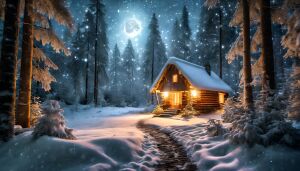 Уютный домик, лес, зима, луна