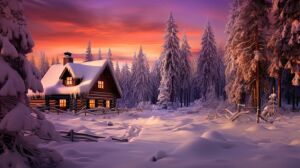 Зимний лес, зарево, домик