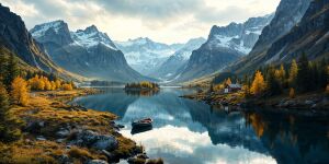 Озеро, горы, лодка, осень, островок