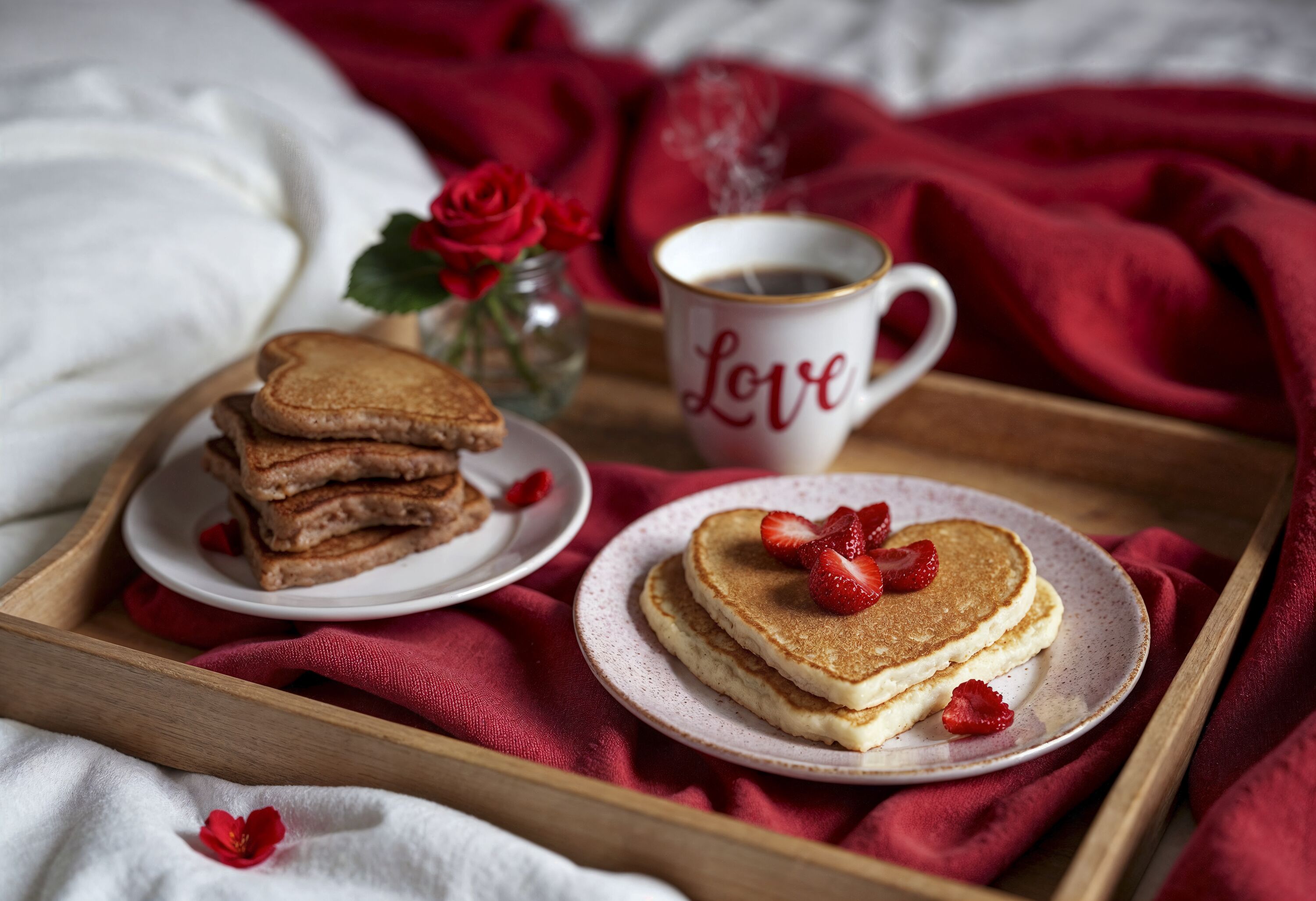 Завтрак с панкейками, печеньем и кофе с надписью Love