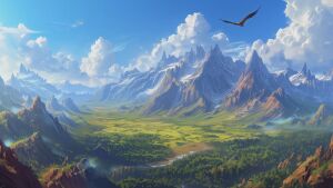 Природный уголок: горы, река и лес в ясный день