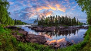 Рассвет в лесу: теплые оттенки неба и зеркальная гладь водоема