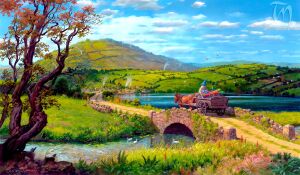 Путешествие через сказочный пейзаж: повозка, мост и зелёные холмы