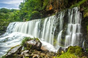 Водопад, окружённый зелёными деревьями и кустарниками, падающий с высоты и создающий пену и брызги, на фоне облачного неба