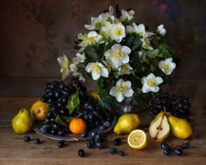 Жасминовый натюрморт с грушами, черникой и цитрусовыми, передающий атмосферу летнего сада