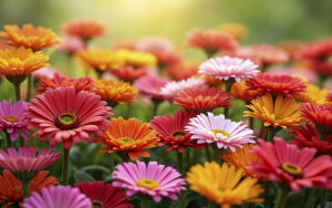 Бесконечный сад из гербер, наполненный жизнью и красками, где доминируют оттенки розового, красного и оранжевого