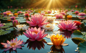 Спящие в зеркальной глади воды лотосы, отражающие спокойствие и умиротворение