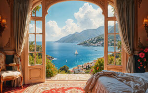 Светлое утро над лазурным морем, где горы и дома сливаются в гармоничном пейзаже