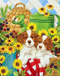 Два щенка и цветы