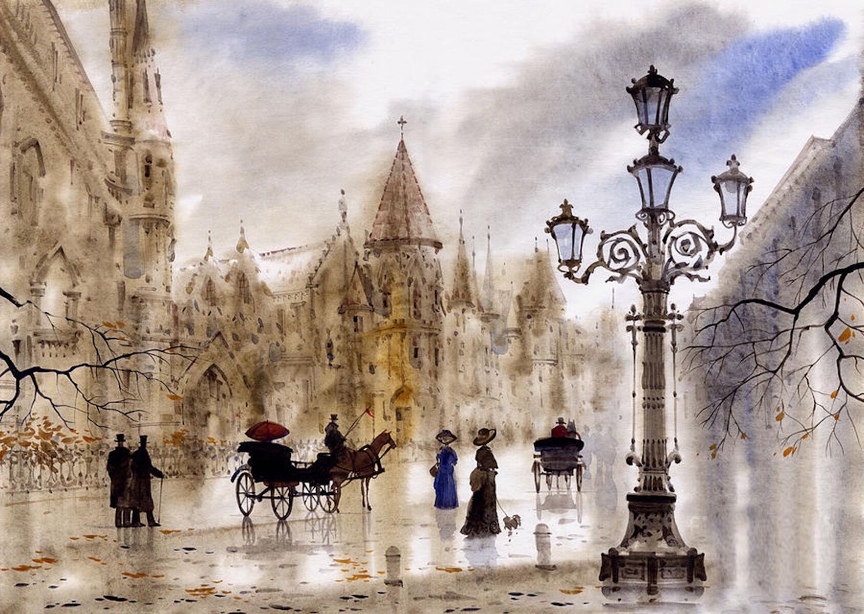 Фонарь и люди на площади