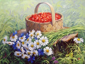 Ромашки и ягода в корзинке