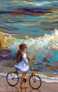Девочка на велосипеде и море