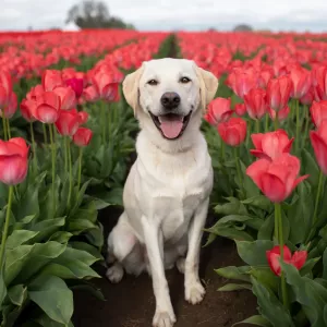 Собачка и тюльпаны