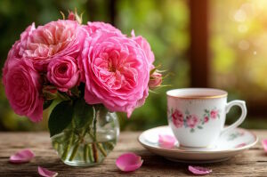 Чай и розы в вазе